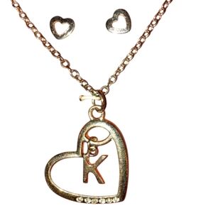 Genuine Crystal K Letter Heart Initial Pendant & Heart Earring Set Silver Tone